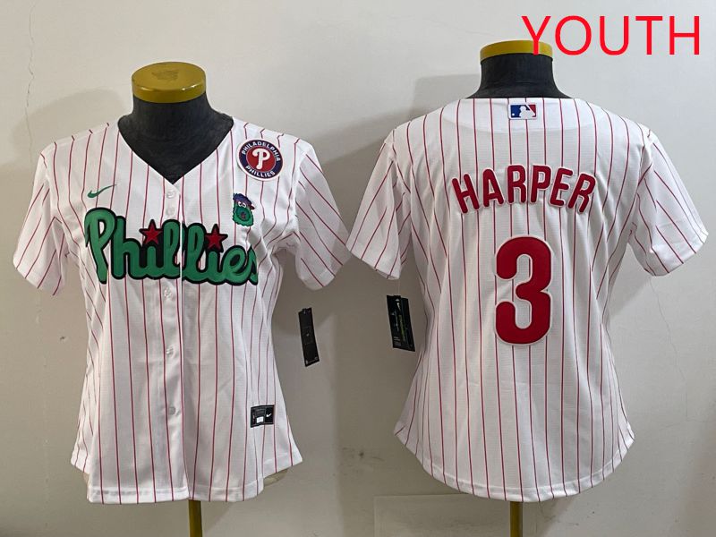 Youth Philadelphia Phillies 3 Harper White Stripe Second generation joint name 2025 Nike MLB Jersey style 6